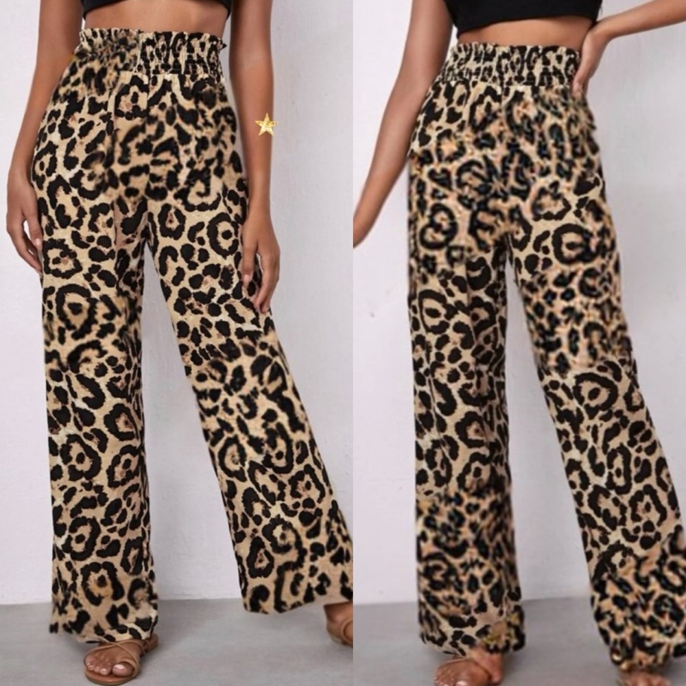 Boho leopard print paperbag waist wide leg pants